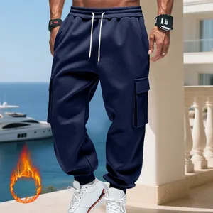 Men's heavy fleece-lined cargo sweatpants in navy blue with side pockets and loose fit