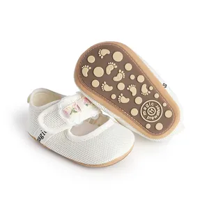 White mesh baby girl princess prewalker shoes with floral lace and non-slip sole
