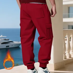 Back view of heavy fleece burgundy cargo pants with pockets and elastic cuffs