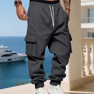 Heavyweight fleece-lined men's cargo sweatpants in dark grey with multi-pockets