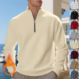 Men's casual half-zip fleece-lined sweatshirt in solid cream color shown in multiple colors