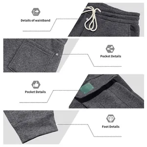 Detail collage of grey cargo sweatpants showing waistband, pockets, and foot cuffs