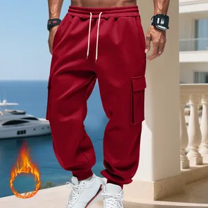 Heavyweight burgundy men's fleece cargo sweatpants with multi-pockets for winter