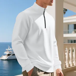 Men's casual white half-zip sweatshirt with fleece lining and standing collar detail