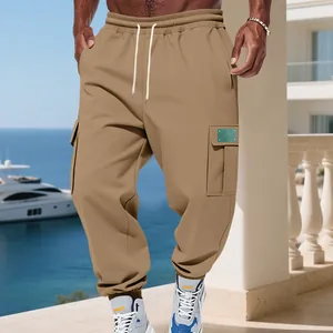 Close-up detail of khaki heavyweight fleece-lined men's cargo sweatpants with pockets