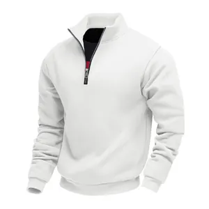 Detail view of men's white quarter-zip fleece sweatshirt with ribbed cuffs and hem