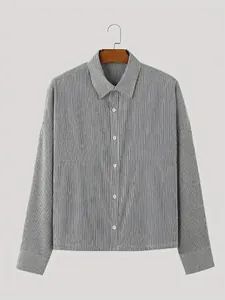 Detailed close-up view of a men's vertical striped long sleeve shirt with a turn-down collar