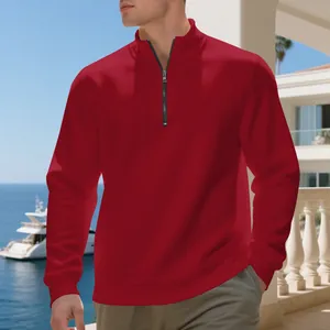 Men's red half-zip fleece sweatshirt in solid color for casual autumn winter wear