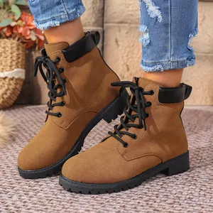 Women's British style brown suede lace-up Martin boots for autumn and winter fashion