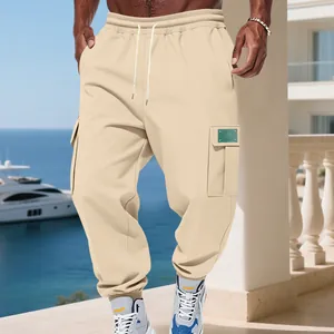 Relaxed fit men's heavyweight fleece cargo joggers in khaki with side pockets