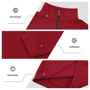 Detailed view of the neck zipper, ribbed cuffs, and hem of this red men's sweatshirt.