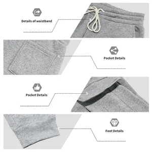 Detailed views of drawstring waistband, multi-pockets, and ribbed cuffs on grey cargo pants.