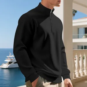 Men's casual black half-zip pullover sweatshirt with cozy fleece lining for autumn