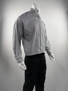 Side profile of a men's loose vertical stripe long-sleeve shirt with classic lapel collar