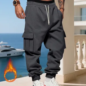 Heavy fleece-lined men's cargo sweatpants with multi-pockets and drawstring waist