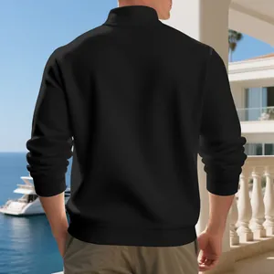 Rear view of a men's black half-zip fleece sweatshirt for casual wear