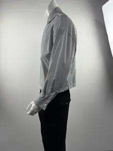 Detailed side profile of a men's vertical striped long sleeve shirt on mannequin