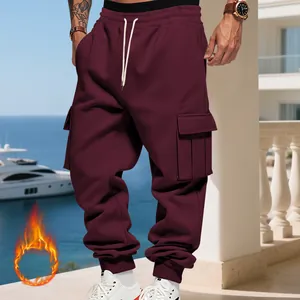 Close-up of men's burgundy fleece-lined cargo sweatpants with multi-pockets