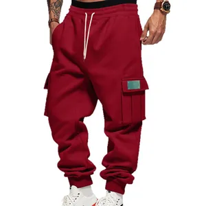 Heavyweight fleece-lined men's cargo sweatpants in dark red with loose fit casual design