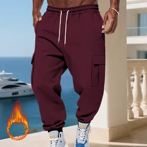 Men's heavy fleece cargo pants in burgundy with loose fit and side pockets