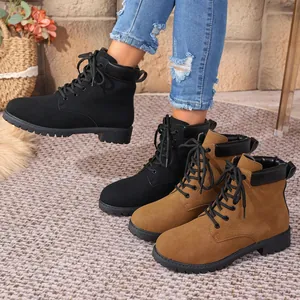 Women's British Style Martin Boots PU Leather Front Lace-Up Fashion Casual Mid-Heel Non-Slip Rubber Sole Short Boots