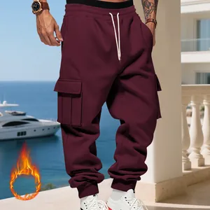 Men's heavy fleece cargo sweatpants in burgundy with a loose fit and multiple pockets