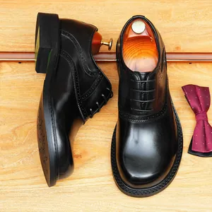 Brogue Derby Shoes for Men Genuine Leather Business Formal Dress Shoes Hand Burnished Round Toe Lace Up Wedding Casual Shoes