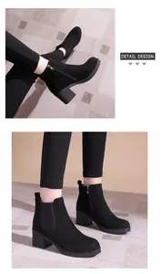 Vues détaillées de bottines en daim noir avec bout rond et talon épais très confortable