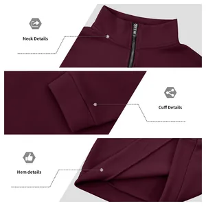 Detailed views of fleece sweatshirt featuring zip neck, ribbed cuff and hem finish