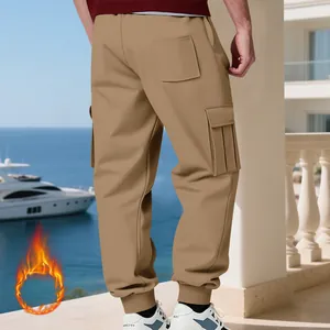 Heavyweight fleece cargo pants for men in khaki with multiple pockets and cuffed ankles