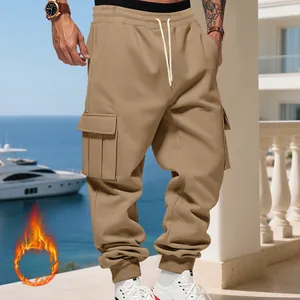 Close-up detail of khaki heavyweight fleece cargo pants for men with multi-pockets