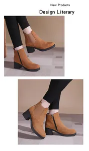 Vue détaillée de bottines en daim marron pour femmes avec talon épais et fermeture éclair