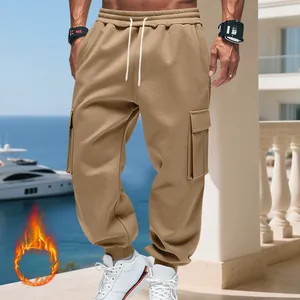 Men's heavyweight khaki cargo pants with warm fleece lining and multi-pockets
