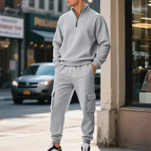 Chándal vintage de forro polar para hombre con sudadera de cremallera y pantalón cargo