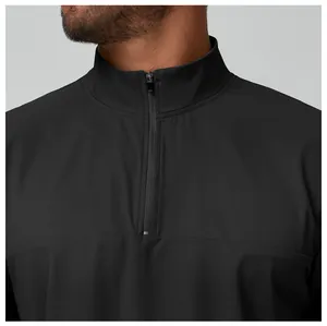 Detail of men's outdoor mock neck jacket with quarter-zip in matte black fabric.