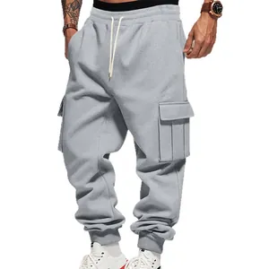 Men's heavy fleece cargo sweatpants in light gray featuring drawstring and multiple pockets
