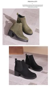 Détail des bottines pour femmes en daim à talons épais en vert olive et noir classique