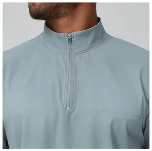 Close-up view of a grey men's stand-collar jacket with a premium half-zip design.
