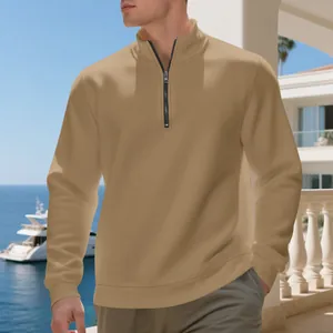 Close-up detail of a camel half-zip fleece sweatshirt for men in casual outdoor scene