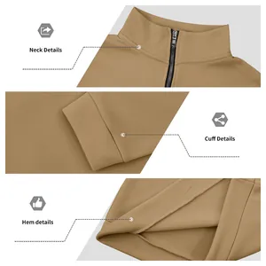 Detailed view of neck zipper, sleeve cuff, and bottom hem on khaki fleece sweatshirt
