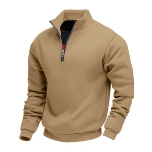 Men's khaki quarter-zip fleece pullover sweatshirt, casual solid color leisure wear