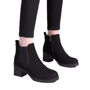 Bottines chics en daim noir pour femmes avec bout rond et talon bloc confortable