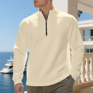 Men's cream half-zip fleece sweatshirt with casual pullover design and stylish stand collar