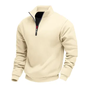 Close-up of a men's beige half-zip sweatshirt featuring a warm fleece lining and casual fit