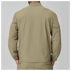 Detailed back view of men's olive green stand-collar lightweight urban outdoor jacket