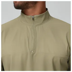 Close-up of men's stand collar half-zip outdoor jacket in olive green textures