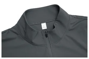 Close-up detail of gray men's outdoor sports jacket stand-up collar with zipper closure