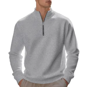 Premium grey men's casual half-zip fleece sweatshirt for warm autumn and winter wear.