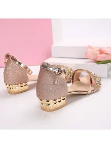 Élégantes sandales à petit talon à paillettes or rose avec bride ornée de strass