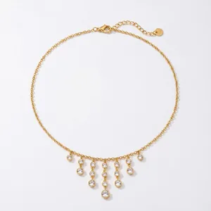 Detailed view of gold stainless steel necklace with CZ tassels and sparkling stones.